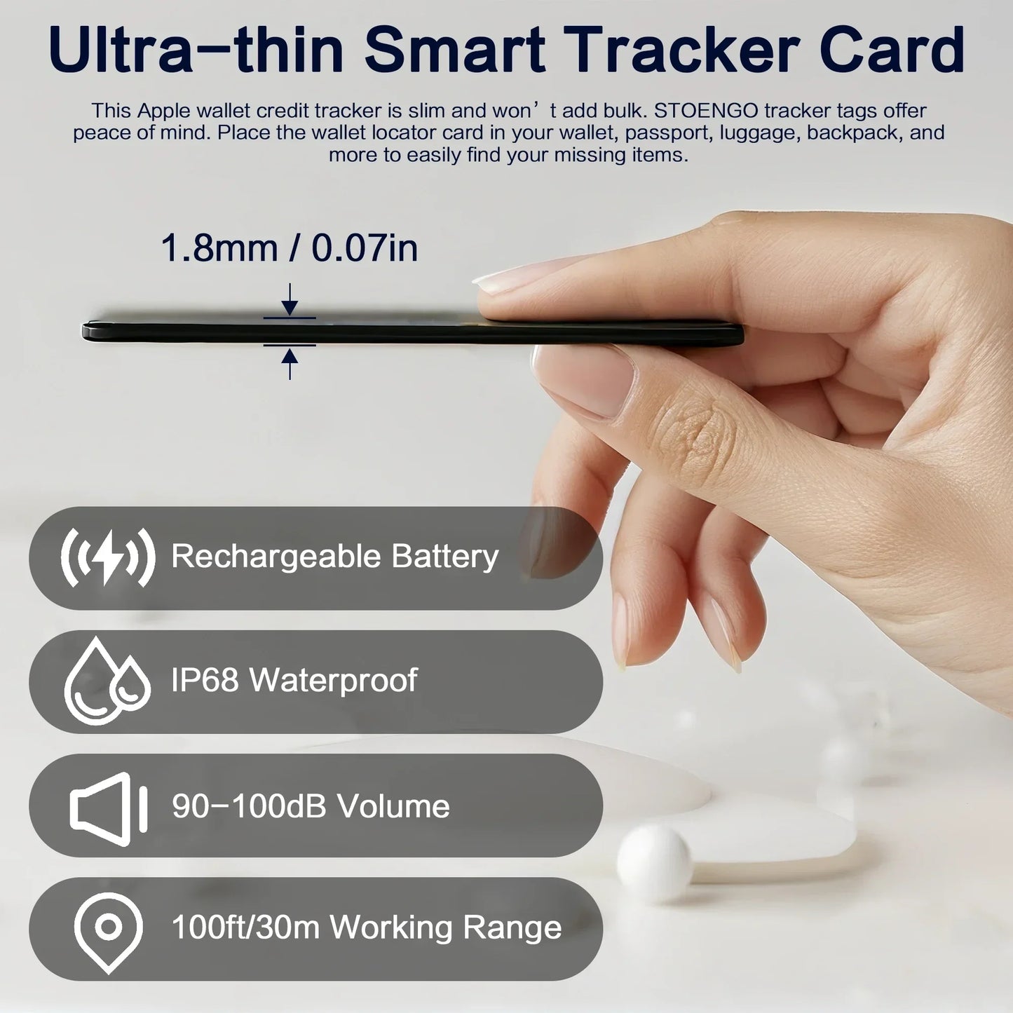 STONEGO Ultra-Thin Wallet Tracker Card – Apple Find My Compatible, Bluetooth Anti-Loss, Wireless Charging, IP68 Waterproof