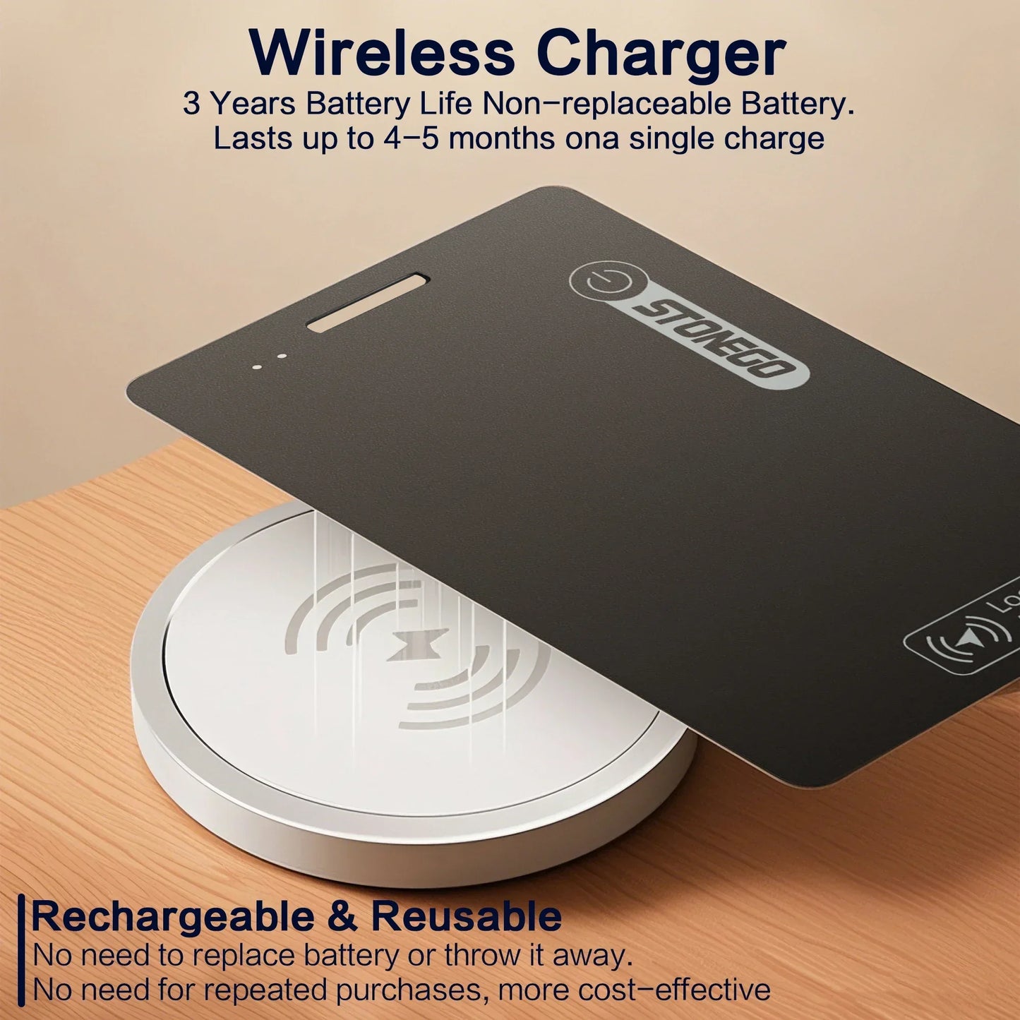 STONEGO Ultra-Thin Wallet Tracker Card – Apple Find My Compatible, Bluetooth Anti-Loss, Wireless Charging, IP68 Waterproof