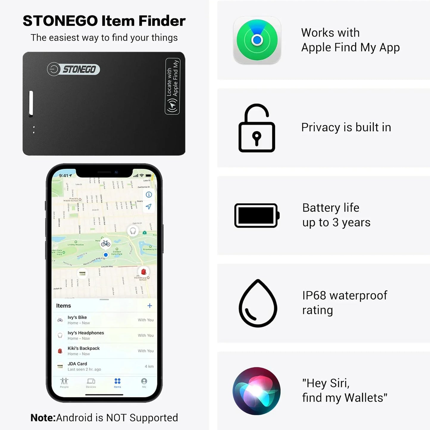 STONEGO Ultra-Thin Wallet Tracker Card – Apple Find My Compatible, Bluetooth Anti-Loss, Wireless Charging, IP68 Waterproof